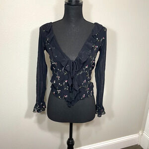 Vtg 90s Y2K CDC Petites Black Sheer Floral Embroidered Tie-Front Blouse Ruffles